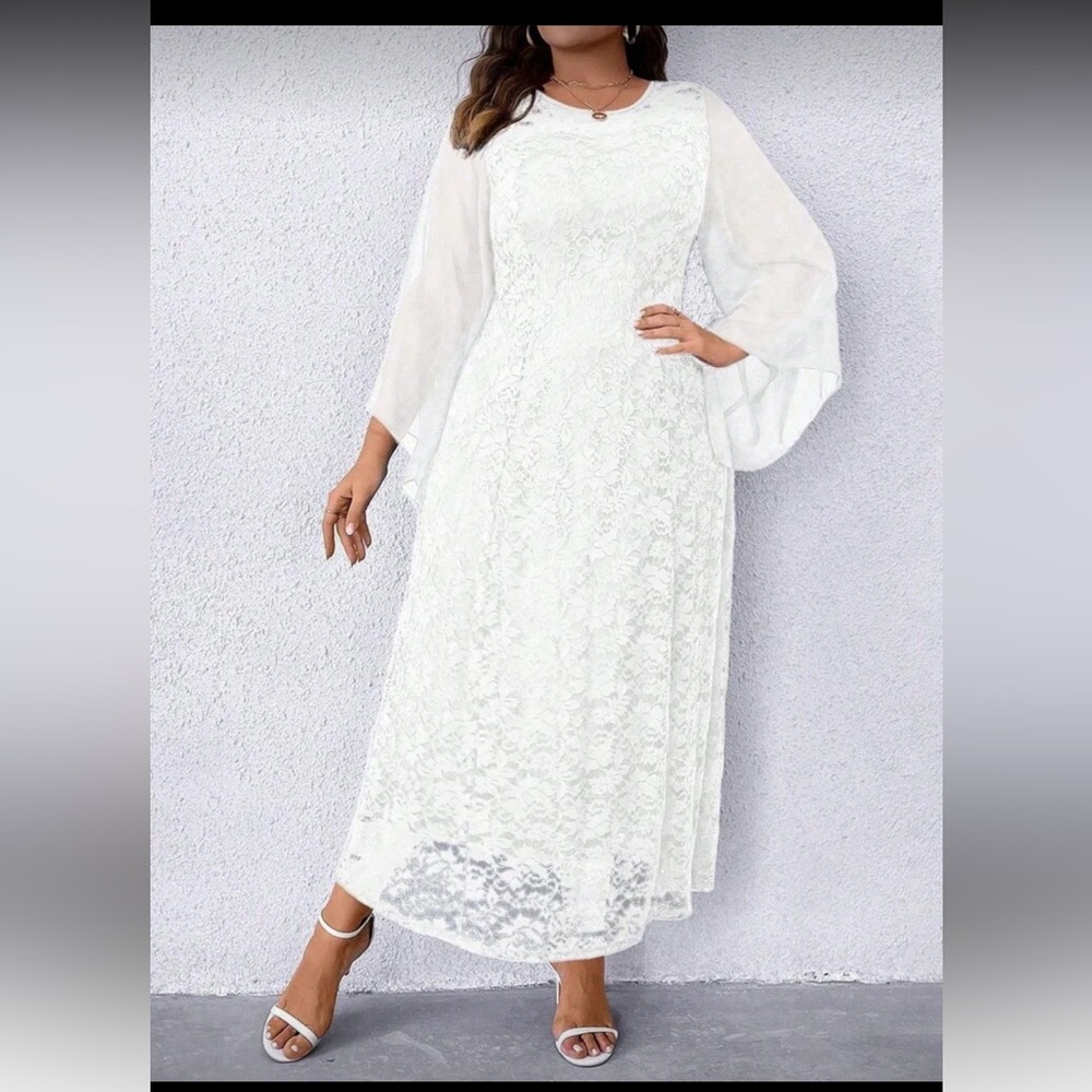 Elegant White Lace Maxi Dress with Sheer Sleeves - Picture 4 of 11